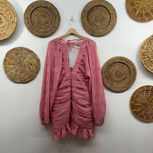 ASOS Design Curve Pink Long Sleeve Ruffle Tie Front Ruched Mini Dress 12 - Picture 3 of 8